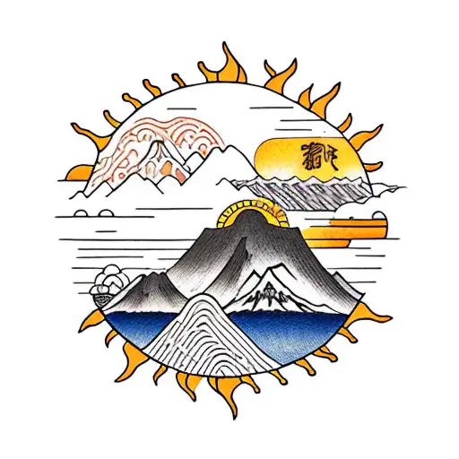 A Sun With A Small Black Bear Climbing A Mountain Inside