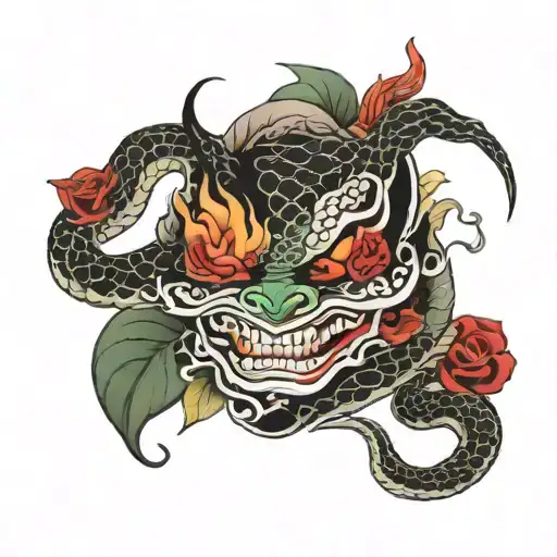 Japanese Mask With A Snake And A Burning Rose On It