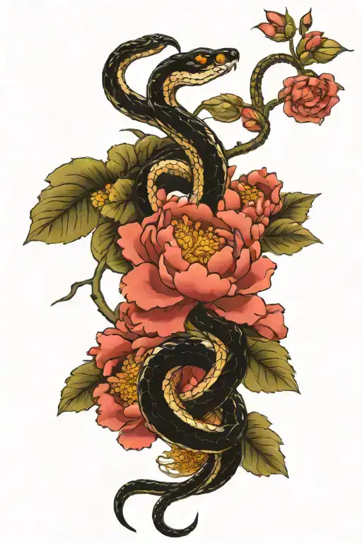 A Snake Intertwines A Split Sword Among Peonies With Leaves