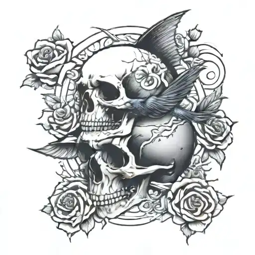 Swallow And Roses Skull