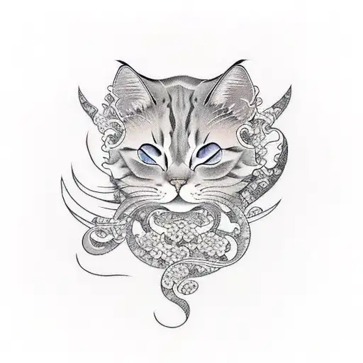 6 Cats With Japanese Waves In Background