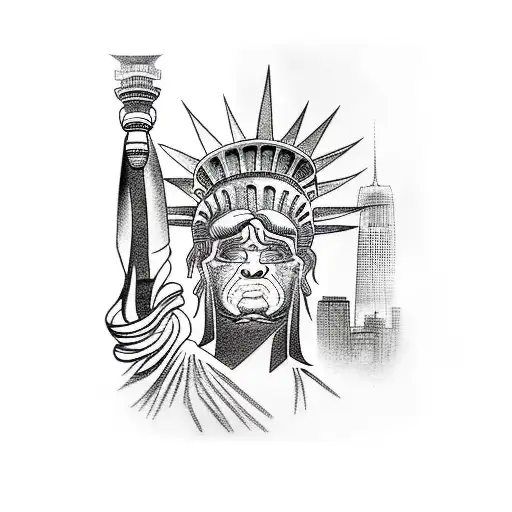 A Stylized Black And Grey Portrait Of Scarface With The Statue Of Liberty In The Background