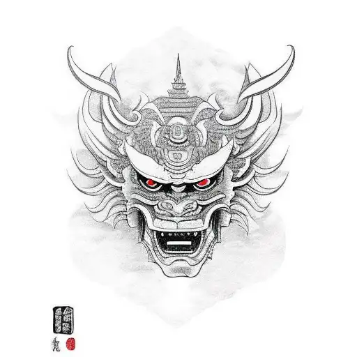 A Fierce Oni Mask With Intricate Japanese Temple Architecture Forming The Background