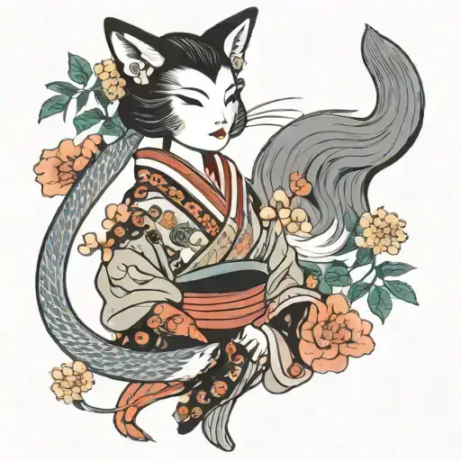 A Geisha Holding A Gray Fox Mask Over