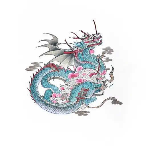 Dragon With A Samurai And Cherry Blossom Tree