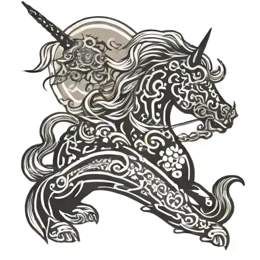Ancient Japanese Tattoo With Asian Unicorn And Letter Board