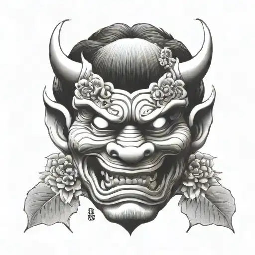 Oni Mask In Lotus Flower With More Flower