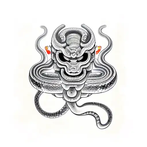 A Snake Coiling Around An Oni Mask