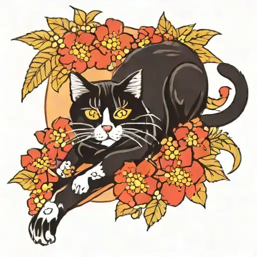 Short Hair Black Cat With A Curled Tail Napping With Multicolored Cherry Blossums