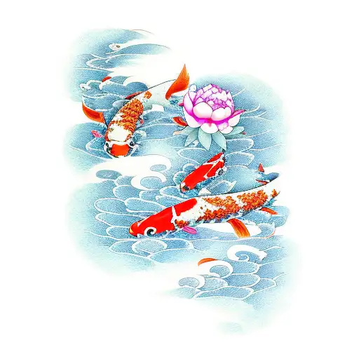 Koi Fish Waves And Peonies Flowers