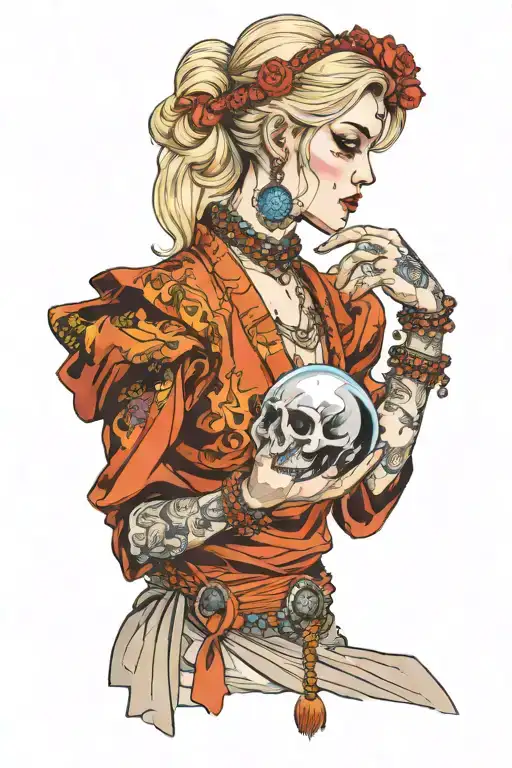 Blonde Gypsy Side Profile Holding A Crystal Ball With A Skull Inside