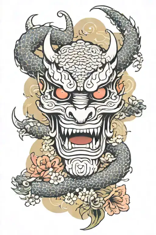 A Japanese Dragon Flying Around A Japanese Demon Mask With Flora Surrounding Them