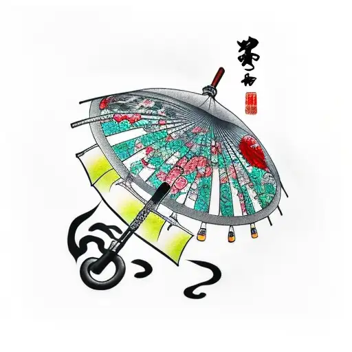 Black Umbrella And A Bloody Knife Next To Eachother