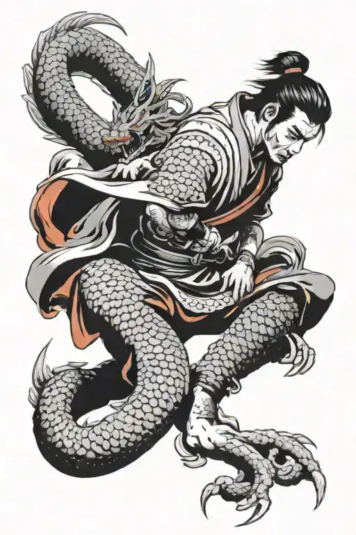 A Samurai Warrior Fighting A Chains Dragon Tattoo Design