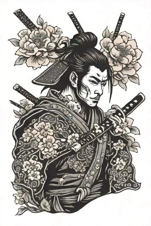 Samurai With Katana Sakura Flowers And Samurai Mask