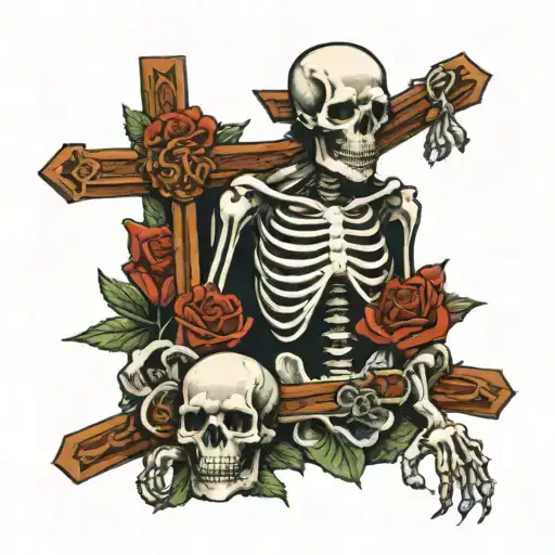 Skeleton Holding A Christian Cross Cross With Rosses In His Body