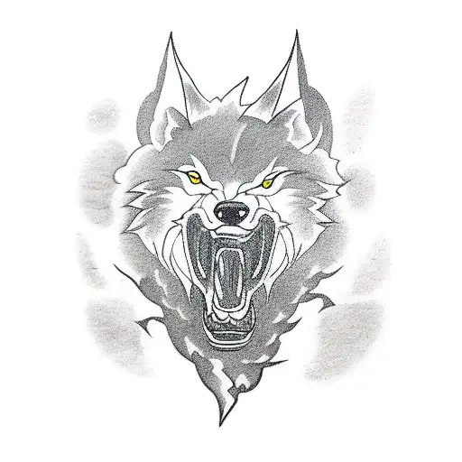 A Wolf Howling At A Lightning Storm In A Blackwork Style