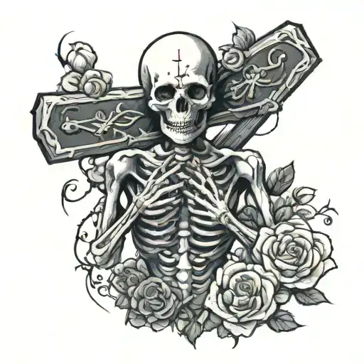 Skeleton Holding A Christian Cross Cross With Rosses In His Body