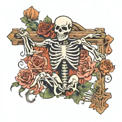 Skeleton Holding A Christian Cross Cross With Rosses In His Body