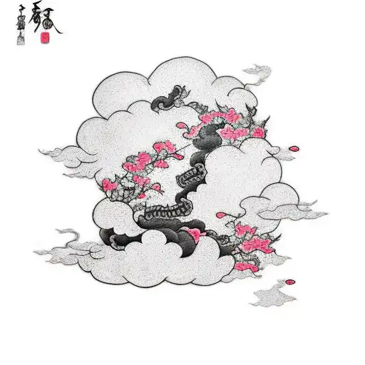 Sleeve Tattoo Black Clouds With Money And Roman Numerals And Cherry Blossoms Coloured