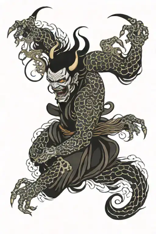 Japanese Demon With Sea Waves Tangled With Blackwork