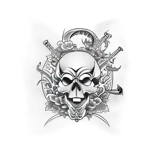 Skull With Swords And Butterflies