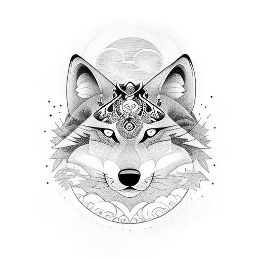 Forest With A Black And White Wolf And A Moon