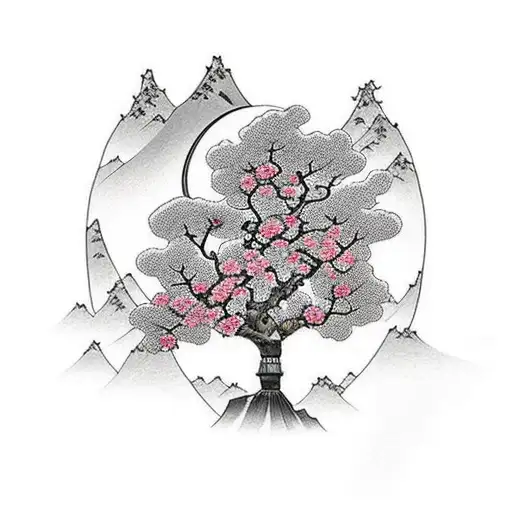 Cherry Tree With Flowers Flying With A Mountain In The Background