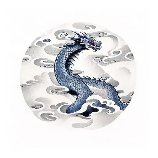 Dragon With Clouds And Waves In The Background