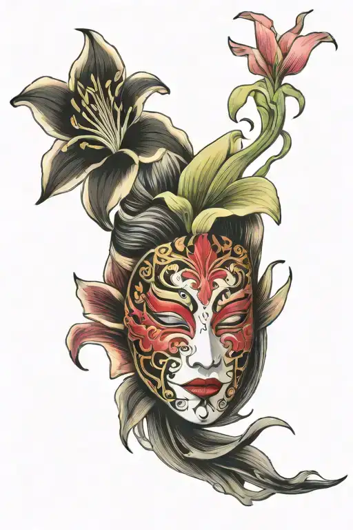Theater Mask Surrounded Lily Flower Growing With A Ruby Opal And Diamond
