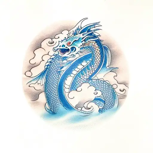 Dragon And Koi With Clouds And Waves In The Background