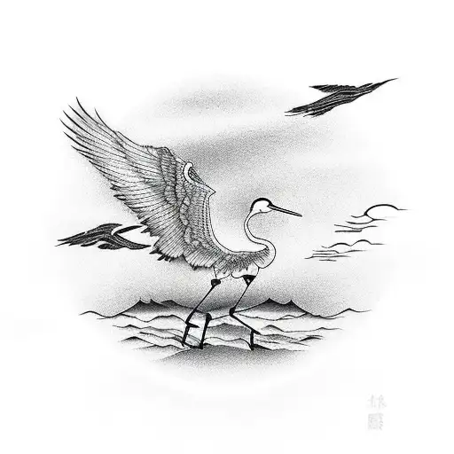 Crane Standing With Wings Spread With A Red Sun