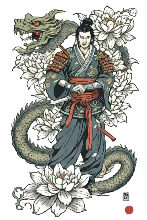 Samurai Warrior With A Dragon Friend Surrounded By Lotus Flowers