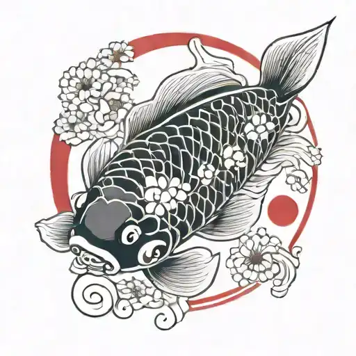 Japanese Style Koi Fish In A Black Rectangle Square With A Red Circle As A Sun