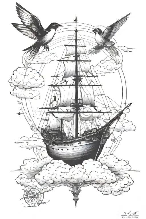 Ship On Clouds With Compass Rose Ans 2 Swallows In The Style Of Salvador Dali