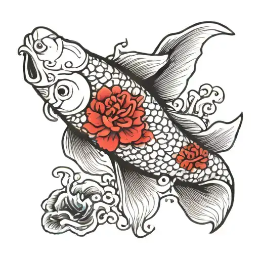 Koi Fish With Red Accent Japanese Style With Red Sun