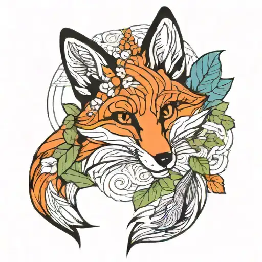 Sly Red Fox In Geometric Leaves Intertwined