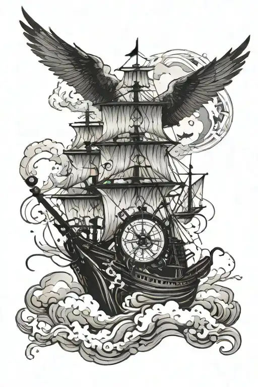 Ship On Clouds With Compass Rose Ans 2 Swallows In The Style Of Salvador Dali