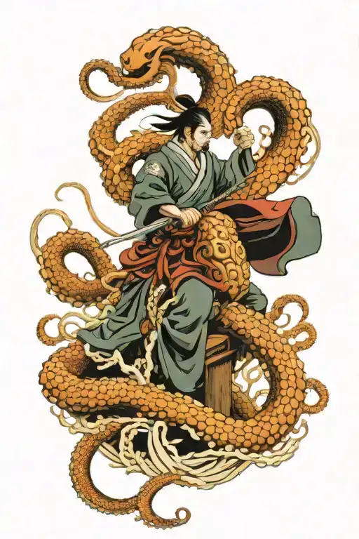 2 Samurai On A Bridge Fighting Giant Octopus Tentacles