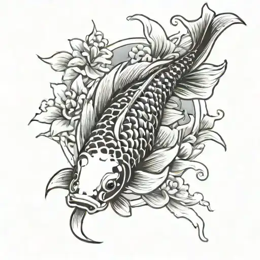 Koi Fish With Red Accent Japanese Style With Red Sun