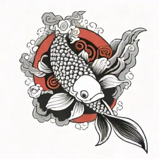 Koi Fish With Red Accent Japanese Style With Red Sun