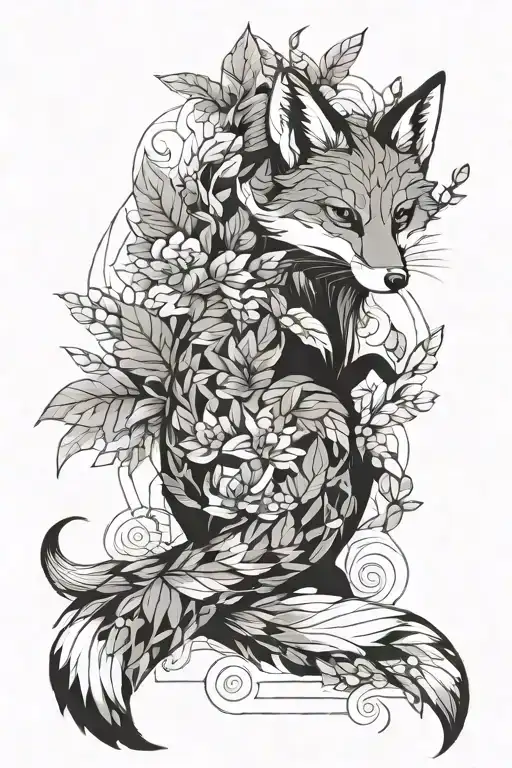 Sly Red Fox In Geometric Leaves Intertwined