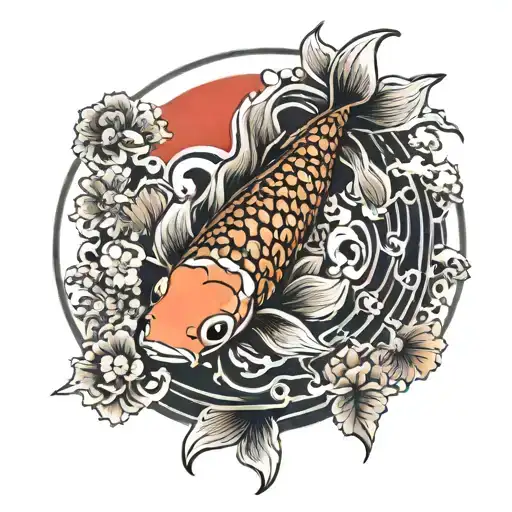 Japanese Style Koi Fish In A Frame With A Red Circle As A Sun