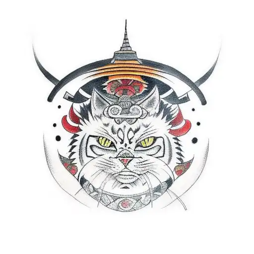 A Traditional Tattoo Of A Samurai Cat Engaged In A Fierce Battle