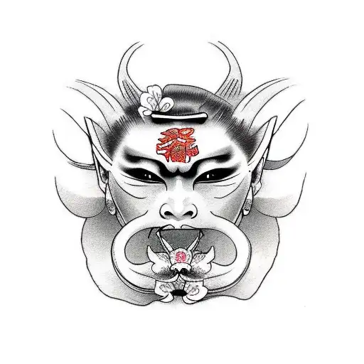Geisha With Oni Mask Holding Orchid