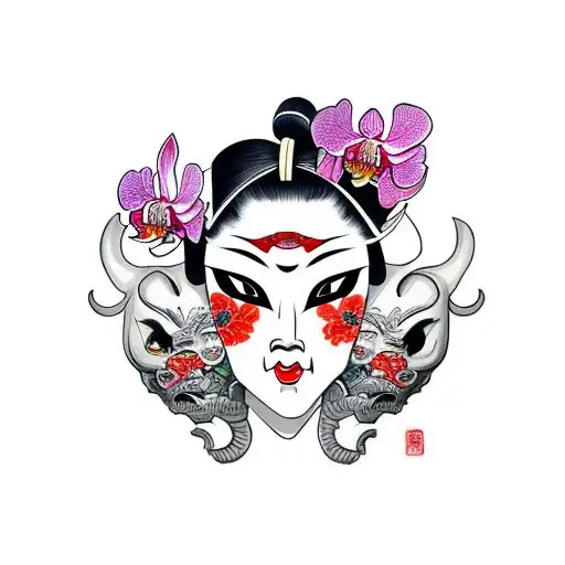 Geisha With Oni Mask Holding Orchid
