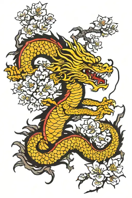 Dragon And Cherry Blossom Tree Branch