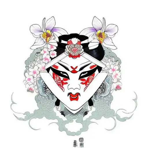 Geisha With Oni Mask Holding Orchid