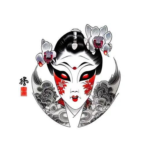 Geisha With Devil Mask Holding Orchid