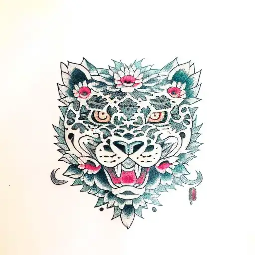 Full Body Black Jaguar Floral Succulents Color Traditional Japanese